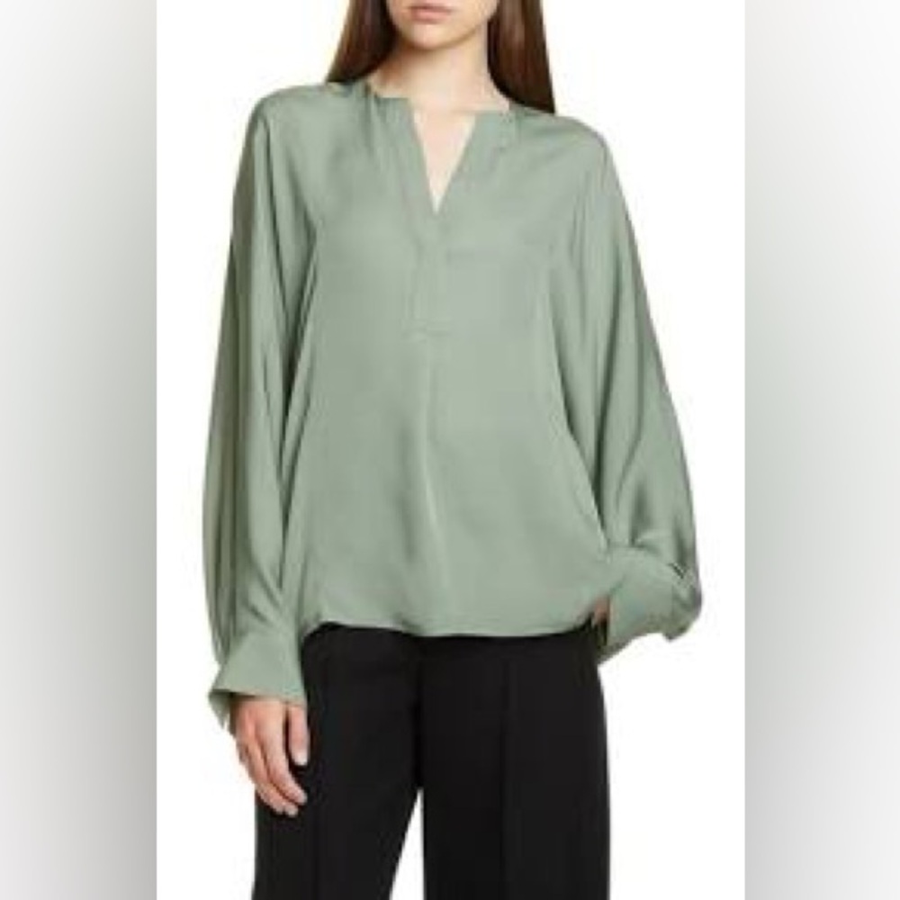 Vince | Silk Band‑Collar Half Placket Popover Blouse | Flint Sage | XS 🕥